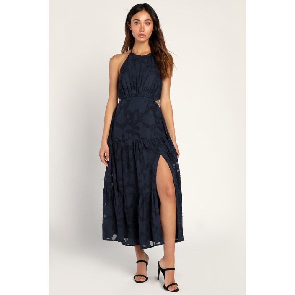 Lulus Romantic Mystique Navy Blue Burnout Floral Tiered Midi Dress - Size XS